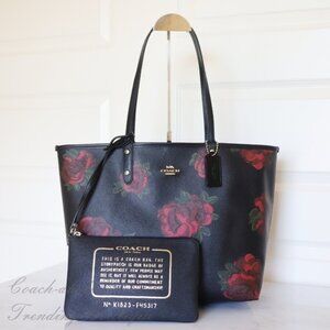 Like New Coach Reversible Black Floral & Black Tote Bag Shoulder Purse